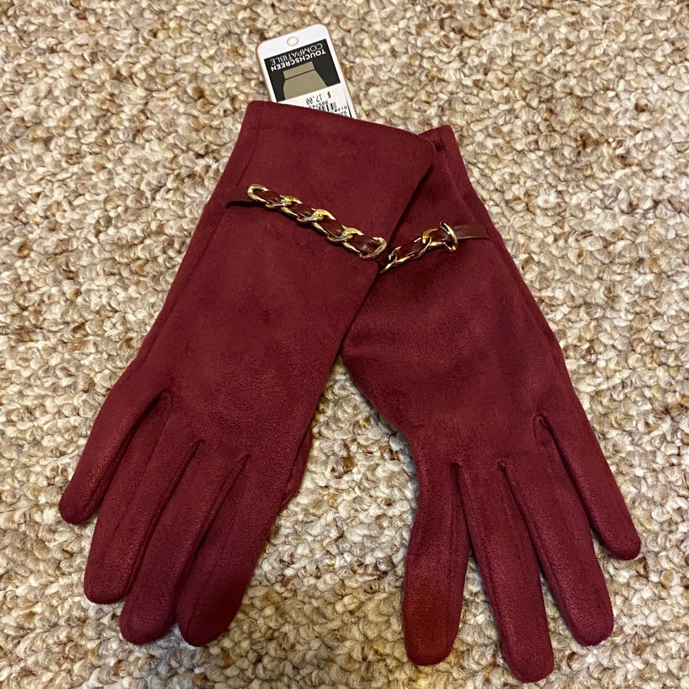 Women's Burgundy Faux Suede Gloves with Gold Chain Accent